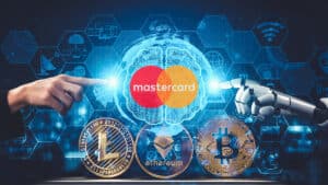 Inteligencia artificial junto a logo de martercard y criptomonedas.