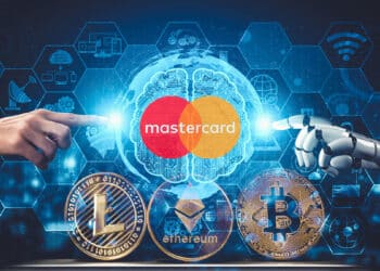 Inteligencia artificial junto a logo de martercard y criptomonedas.