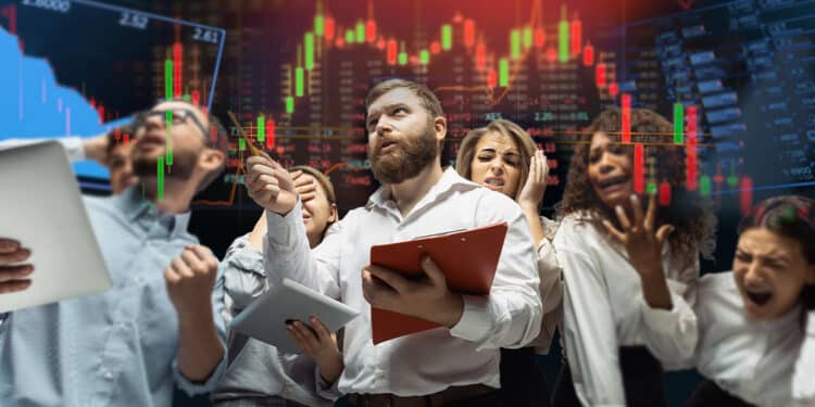 Inversionistas con miedo junto a gráfico de bitcoin.