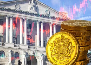 Banco de Inglaterra, gráfico rojo y libras esterlinas.