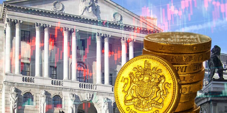 Banco de Inglaterra, gráfico rojo y libras esterlinas.