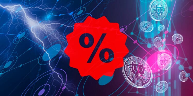 Símbolo porciento junto a bitcoin y Lightning.