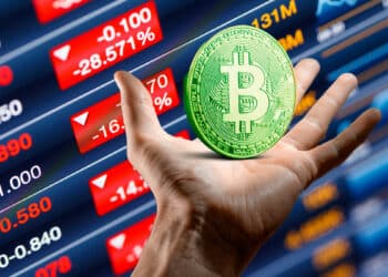 Acciones en rojo y bitcoin en verde