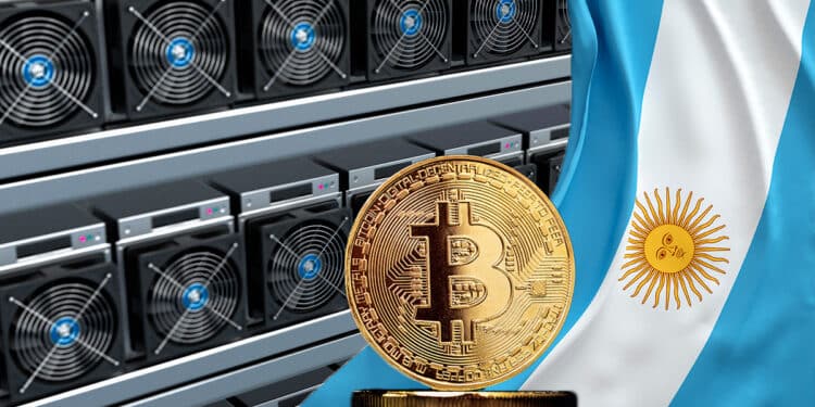 Bitcoin junto a bandera de Argentina acompañados de unos mineros.