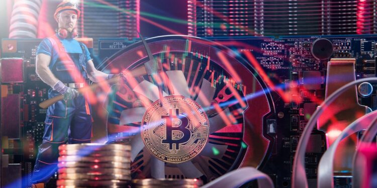minero junto a moneda de bitcoin con gráfico bajista superpuesto
