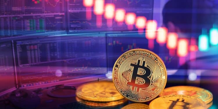 moneda de bitcoin con gráfico de precio y analista estudiando gráficos de mercado en el fondo