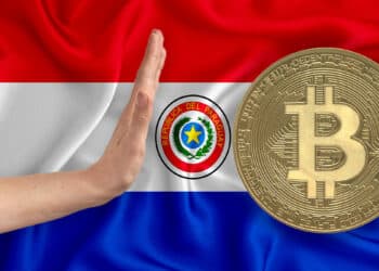 Bandera de Paraguay con Bitcoin y mano que rechaza.