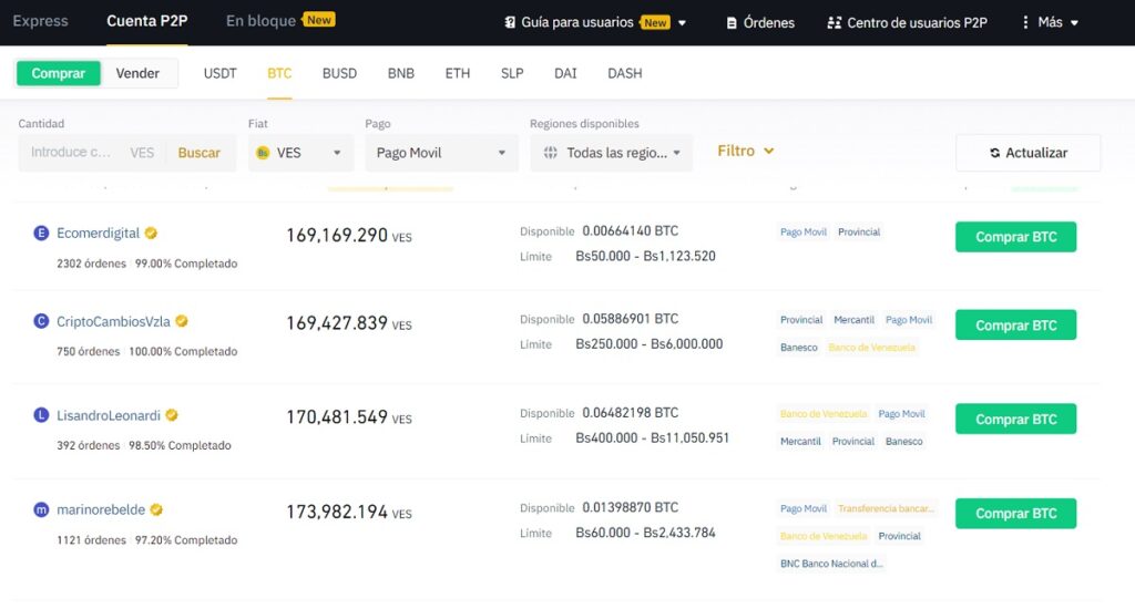 plataforma de intercambios, compras o ventas, p2p de Binance