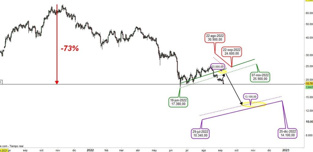 gráfico de precio de bitcoin con predicicones y estimaciones dibujadas