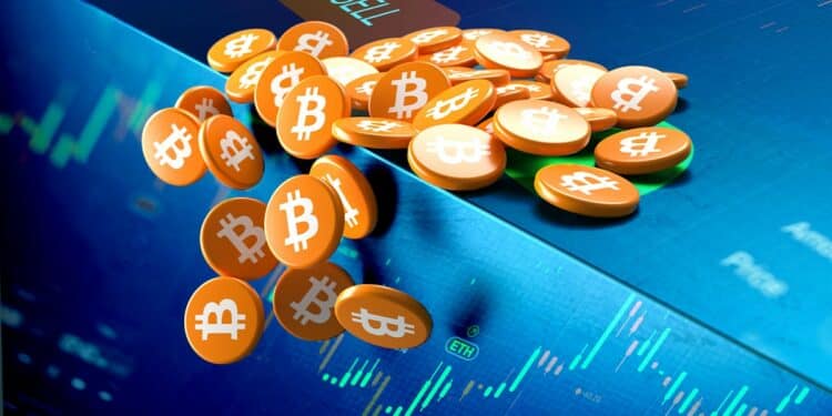 monedas de bitcoin cayendo del borde de una mesa con gráficos de exchange