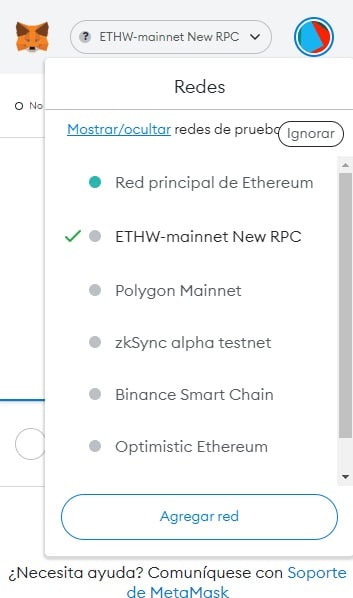 seleccionar red de Ethereum Pow en metamask