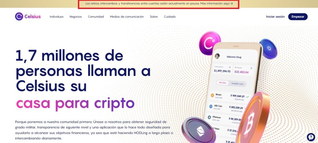 captura de pantalla del sitio web de Celsius señalando el mensaje sobre los retiros de fondos de los usuarios