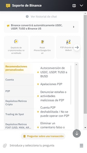 ventana de soporte al usuario de Binance p2p