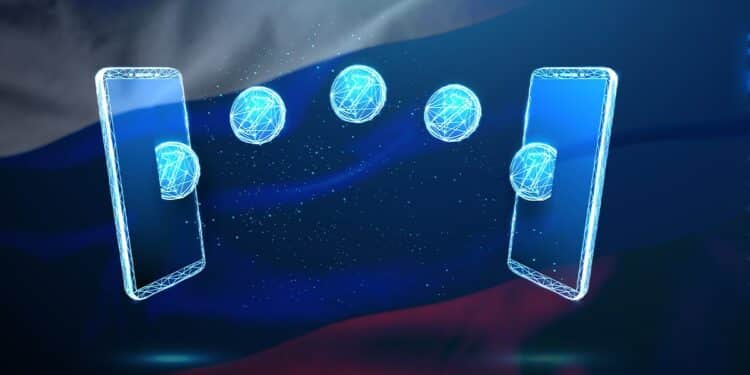 monedas digitales pasando entre teléfonos móviles con bandera de rusia en el fondo