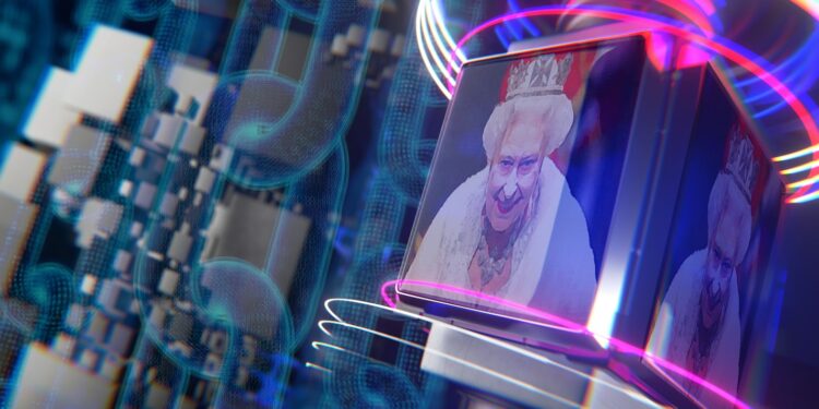 NFT de la Reina Isabel II en bloque digital con blockchains en el fondo