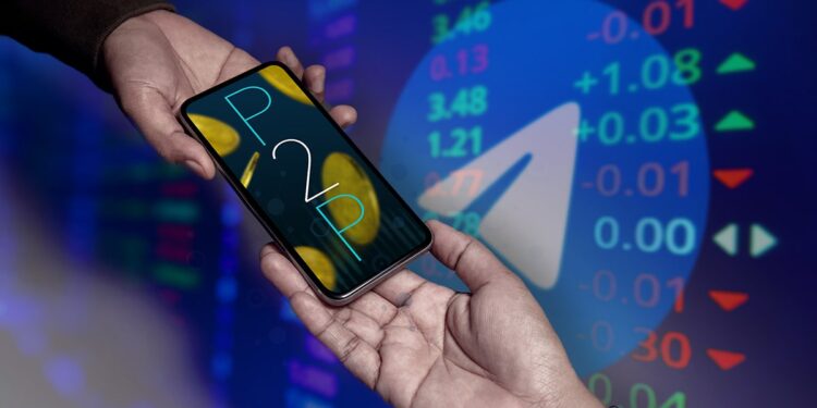 personas intercambian monedas en p2p con listado de mercado y logo de telegram en el fondo