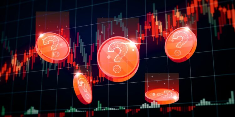 monedas en rojo con signo de interrogación cayendo en frente de gráfico bajista de precio