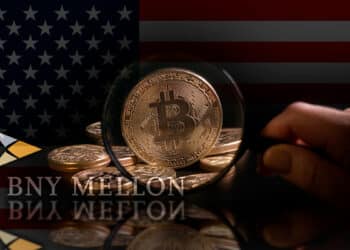 Bitcoin junto a logo de BNY Mellon acompañado de la bandera de Estados Unidos.