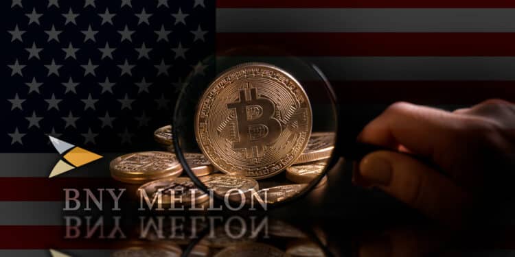 Bitcoin junto a logo de BNY Mellon acompañado de la bandera de Estados Unidos.