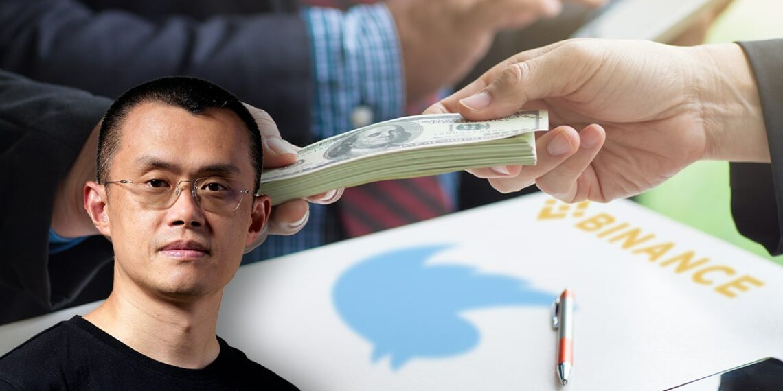 Changpeng Zhao en frente de personas entregandose dinero sobre documento con logo de twitter y binance