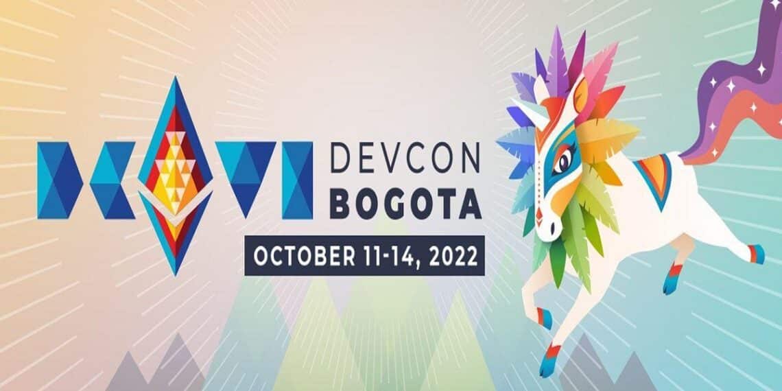 Logo del evento DEVCON Bogotá 2022 junto a un dibujo de un caballito multicolor.