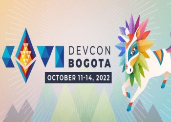 Logo del evento DEVCON Bogotá 2022 junto a un dibujo de un caballito multicolor.