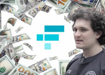 SBF con logo de FTX en el fondo rodeado por billetes de dólares