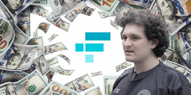 SBF con logo de FTX en el fondo rodeado por billetes de dólares