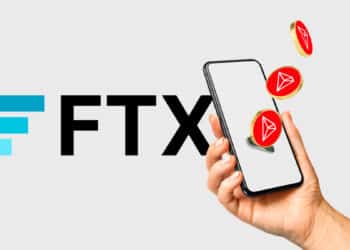 Logo de FTX junto a tron saliendo de un celular.