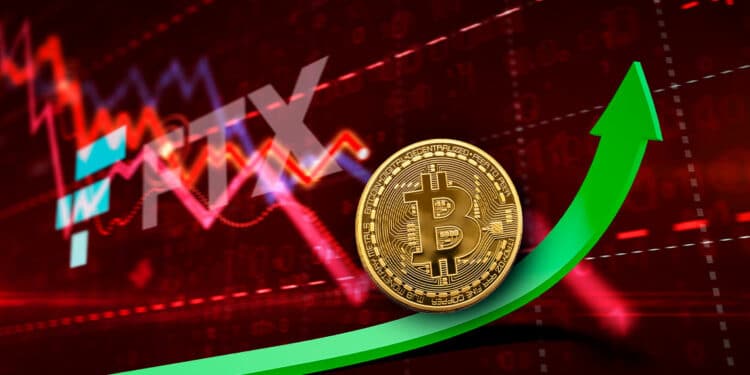 Gráfico rojo con logo de FTX y flecha verde con BTC