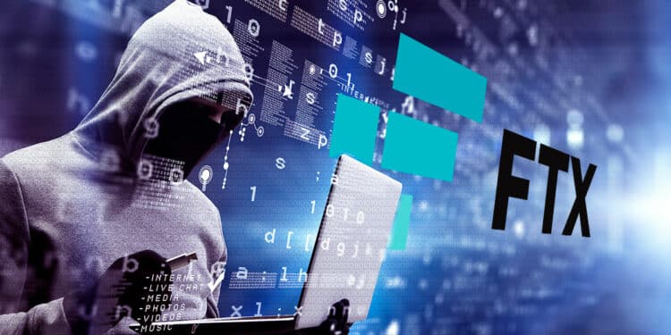 Hacker con fondo tecnológico y logo de FTX