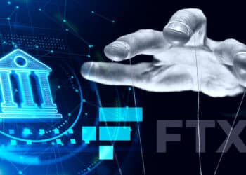 Símbolo de banco con mano de hilos reprensentando control y logo de FTX