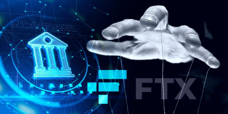 Símbolo de banco con mano de hilos reprensentando control y logo de FTX