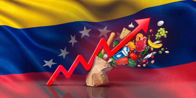 Flecha roja que representa la inflación acompañado de la bandera de Venezuela.