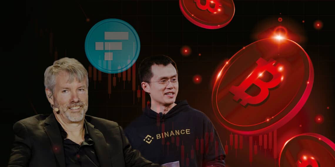 Michael Saylor y Changpeng Zhao junto a bitcoin y logo de FTX.