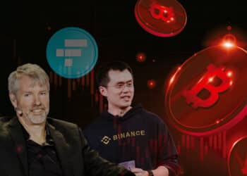 Michael Saylor y Changpeng Zhao junto a bitcoin y logo de FTX.