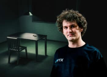 Sala de interrogatorio y SBF con logo de FTX