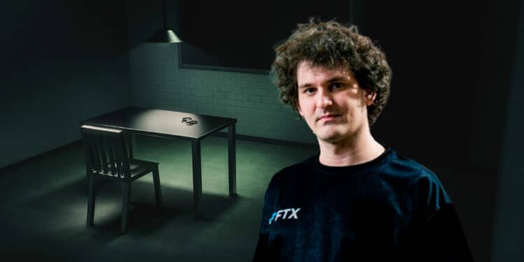 Sala de interrogatorio y SBF con logo de FTX
