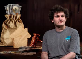 Sam Bankman-Fried junto a bolsa de dinero.