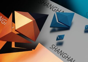 logos de ethereumsobre superficie colorida con Shanghai escrito