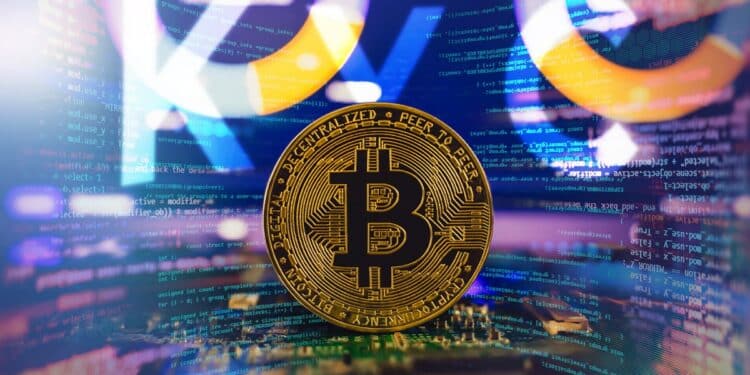 moneda de bitcoin rodeada de código con KYC en el fondo