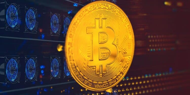 moneda de bitcoin sober placa de metal con mineros asic en el fondo.