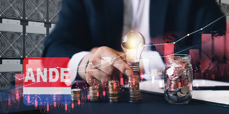 Gráfico rojo representando las tarifas de electricidad junto a mineros de bitcoin y logo ANDE.