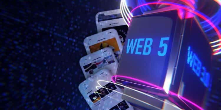 bloque digital con Web 5 y aplicaciones móviles en el fondo