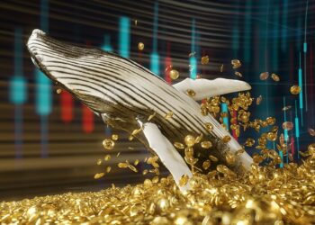 ballena entre monedas de bitcoin con gráfico de precio creciente en el fondo
