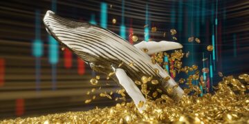 ballena entre monedas de bitcoin con gráfico de precio creciente en el fondo