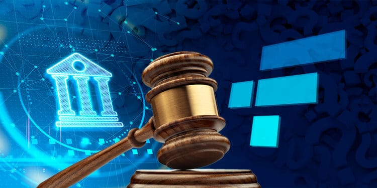 Símbolo de banco y logo de FTX con mazo de juez y signos de interrogación