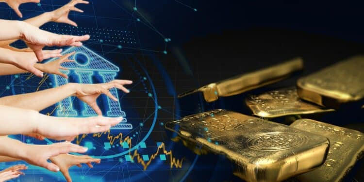 manos extendidas hacia lingotes de oro junto a banco digital