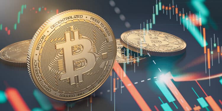 Bitcoin junto a gráfico que sube y baja.
