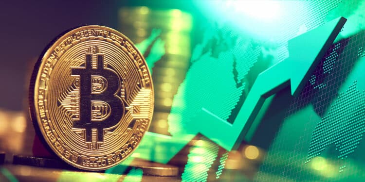 Bitcoin con flecha verde alcista